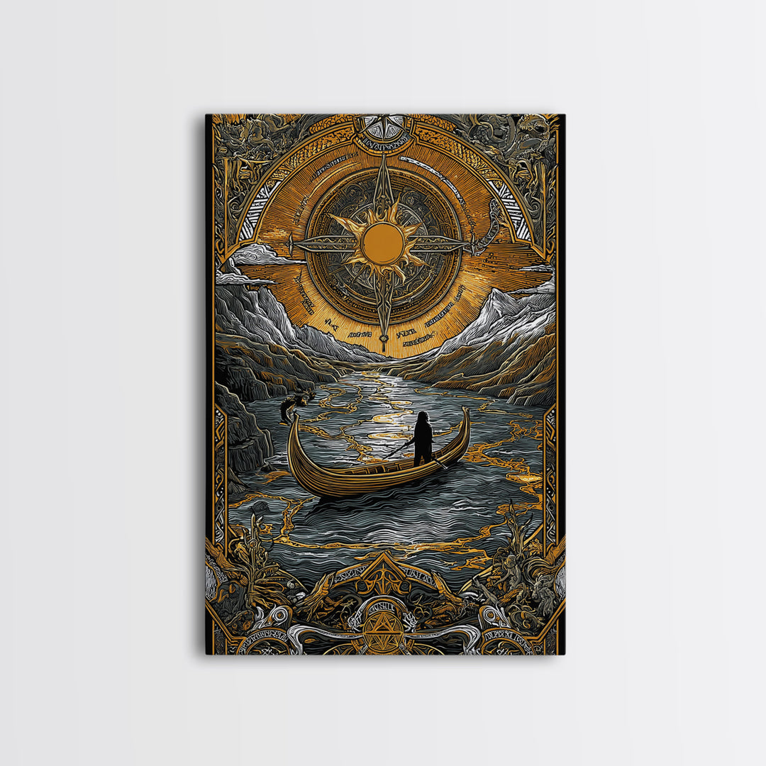 Mystical Compass Artwork, Celestial Sun And Boat Journey Wall Art, Canvas Gold Canvas Print, Real Wood Frame, Mythology Decor