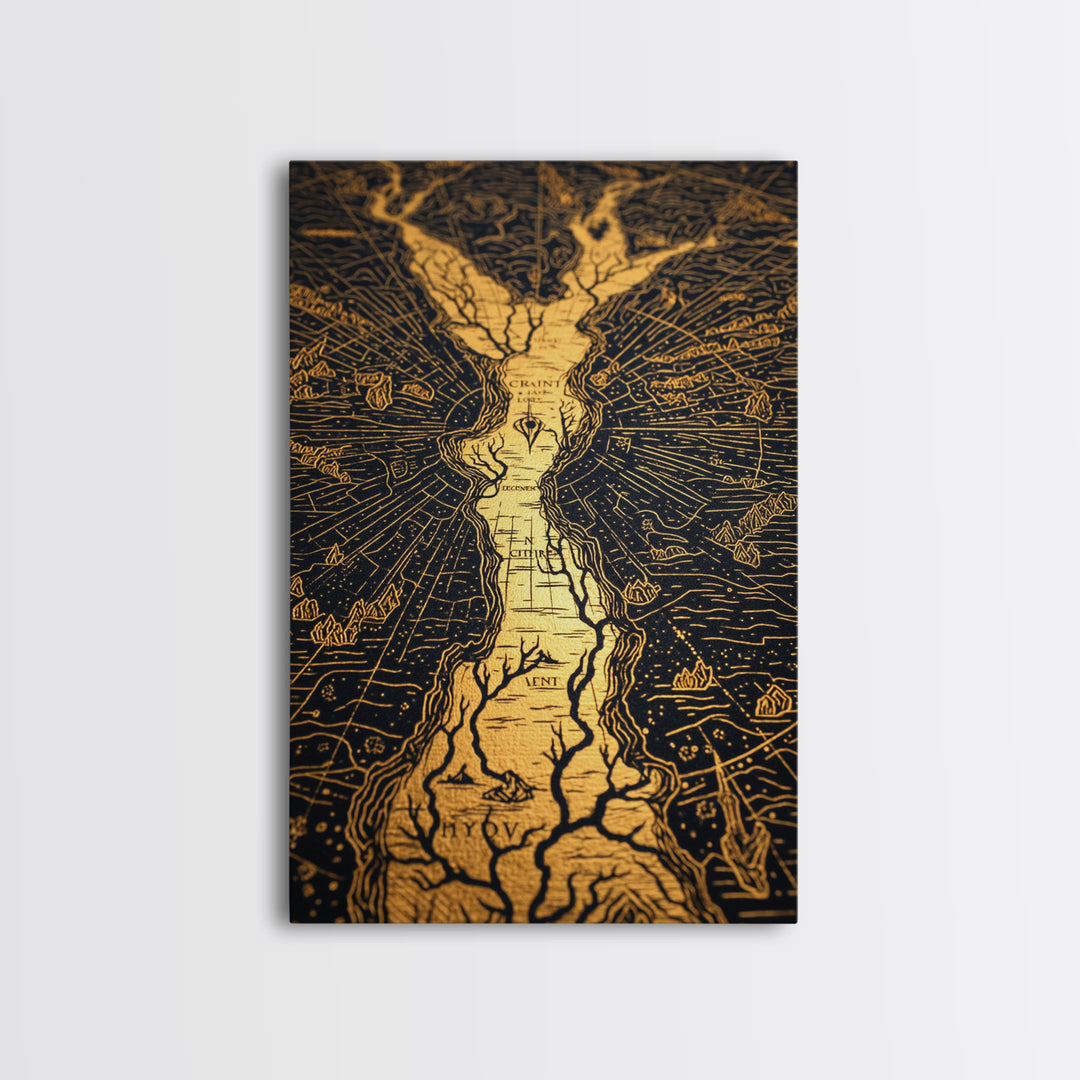 Ancient River Map Artwork, Mythical Golden Waterways Wall Art, Canvas Gold Canvas Print, Real Wood Frame, Esoteric Decor