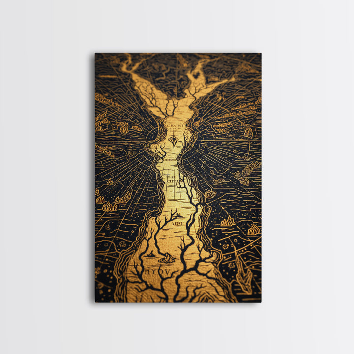 Ancient River Map Artwork, Mythical Golden Waterways Wall Art, Canvas Gold Canvas Print, Real Wood Frame, Esoteric Decor