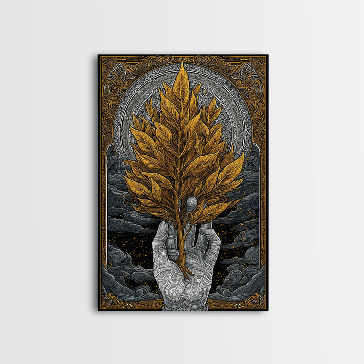 Hand With Golden Leaves Artwork, Mythical Nature Symbol Wall Art, Canvas Gold Canvas Print, Real Wood Frame, Sacred Decor