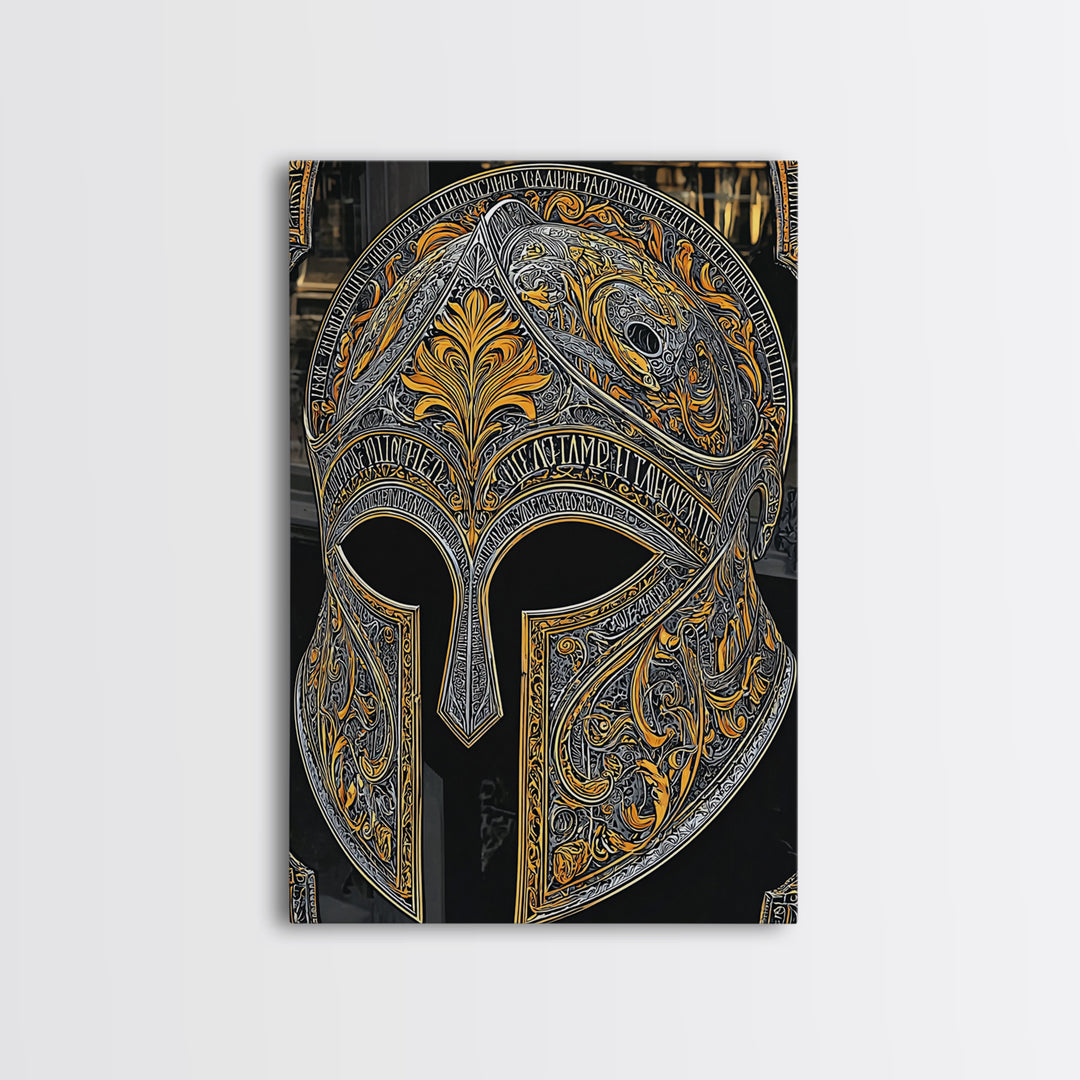 Baroque Spartan Helmet with Heraldic Crest – Canvas Gold Art, Real Wood Framed Canvas Art, Luxury Greco-Roman Wall Sculpture