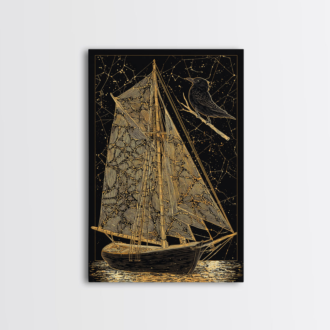 Golden Sailboat Artwork, Mythical Nautical Journey Wall Art, Canvas Gold Canvas Print, Real Wood Frame, Celestial Decor