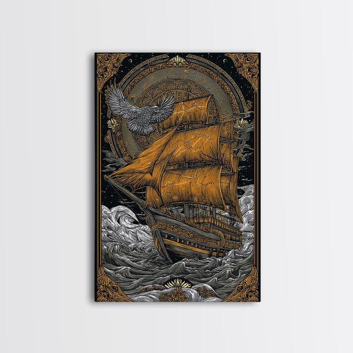 Mythical Sailing Ship Artwork, Celestial Constellation Sea Voyage Wall Art, Canvas Gold Canvas Print, Real Wood Frame Decor