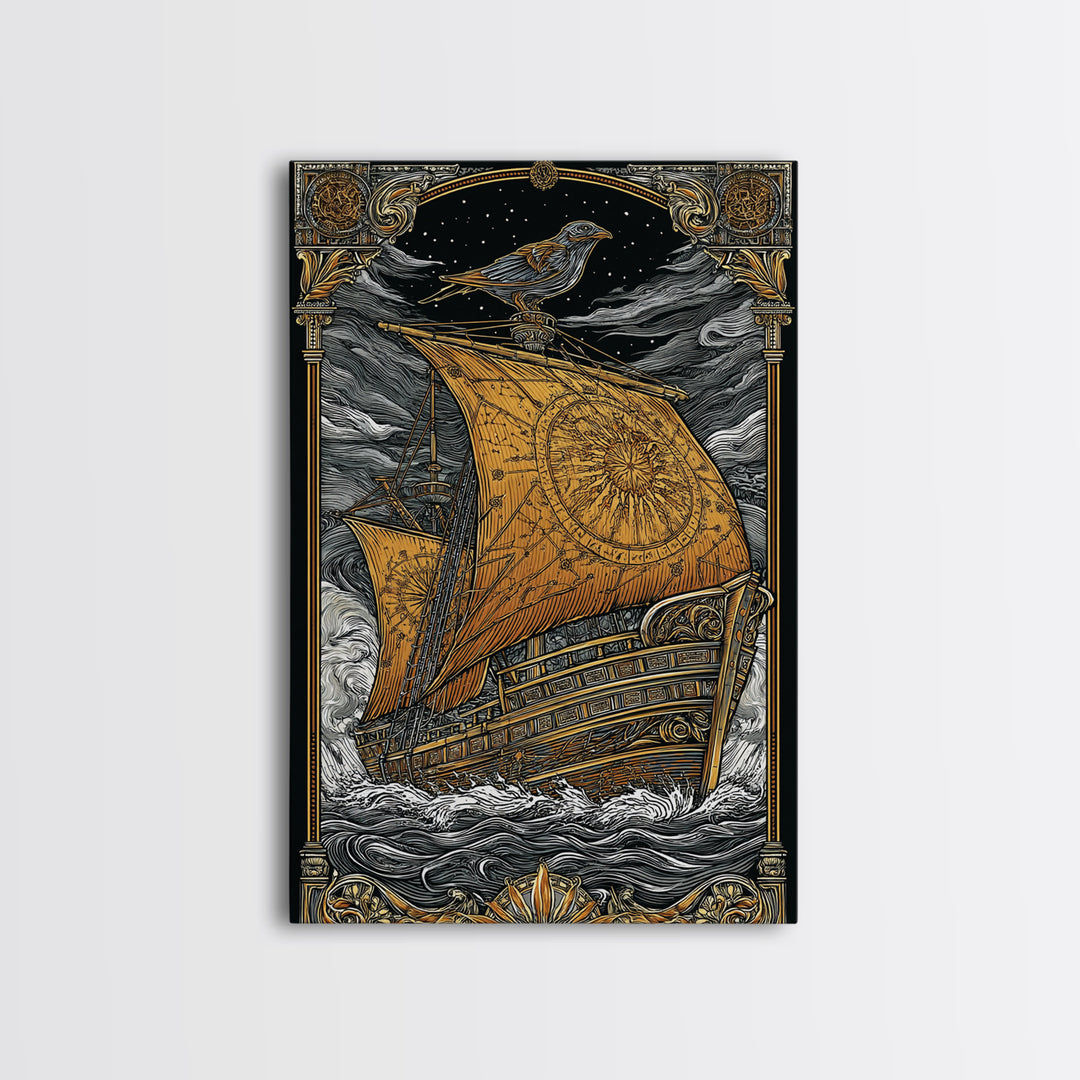 Ancient Ship Artwork, Nautical Journey With Bird Symbol Wall Art, Mythical Celestial Voyage, Canvas Gold Canvas Print, Real Wood Frame