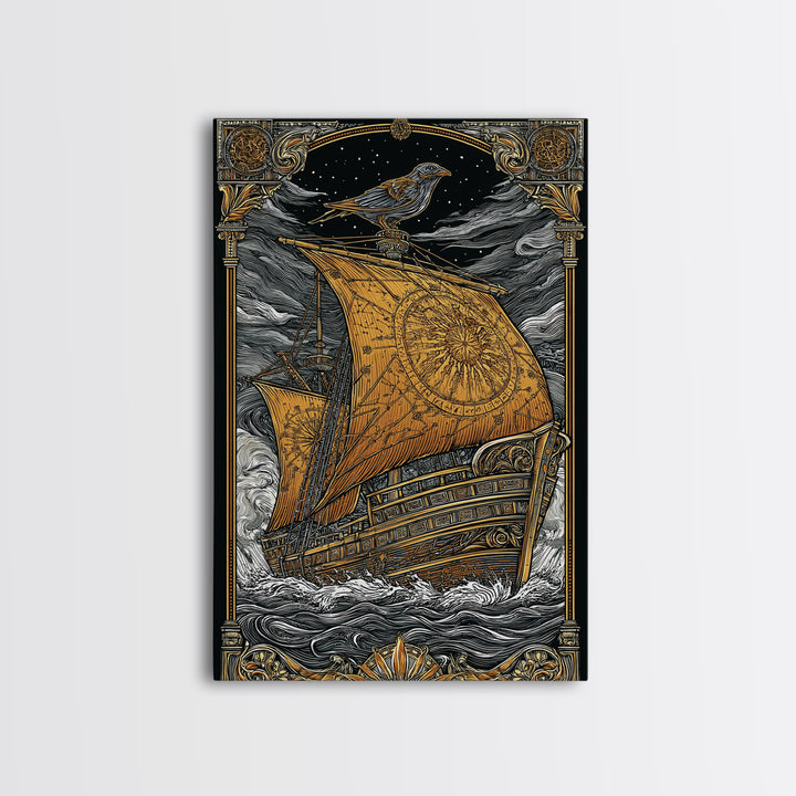 Ancient Ship Artwork, Nautical Journey With Bird Symbol Wall Art, Mythical Celestial Voyage, Canvas Gold Canvas Print, Real Wood Frame