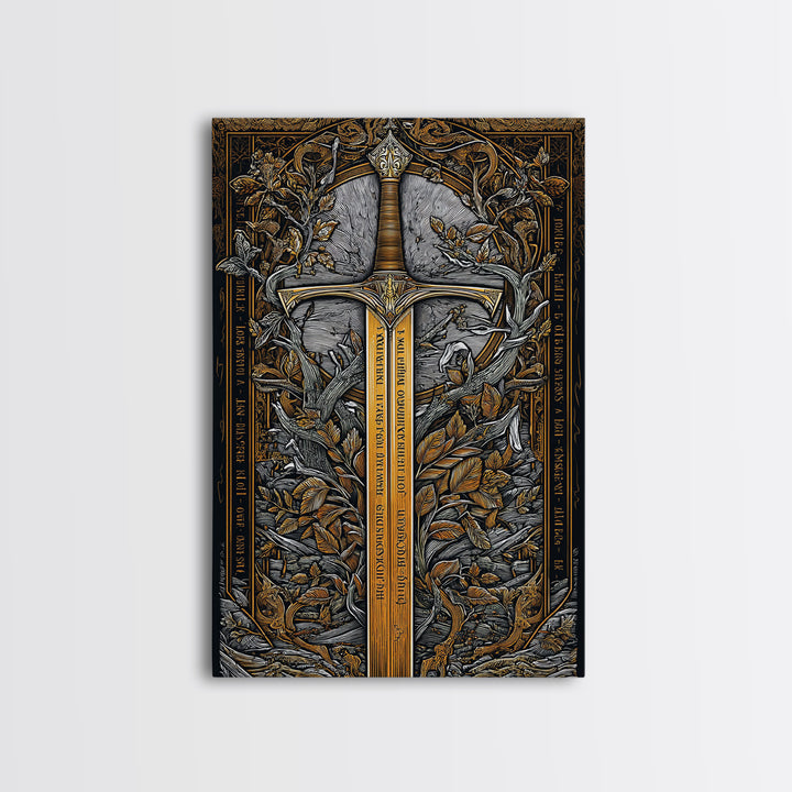 Sword Of Nature Artwork, Mythical Blade Surrounded By Leaves Wall Art, Ancient Weapon Design, Canvas Gold Canvas Print, Real Wood Frame