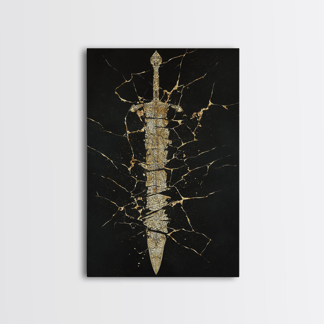 Broken Sword Artwork, Cracked Ancient Blade Symbol Wall Art, Mythical Weapon Decor, Esoteric Design, Canvas Gold Canvas Print, Real Wood Frame