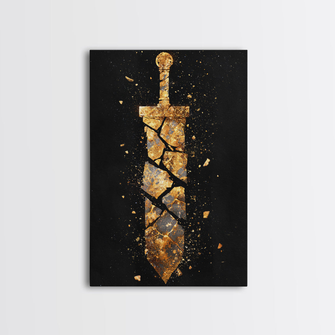 Shattered Sword Artwork, Exploding Blade Symbol Wall Art, Mythical Weapon Design, Ancient Esoteric Decor, Canvas Gold Canvas Print, Real Wood Frame
