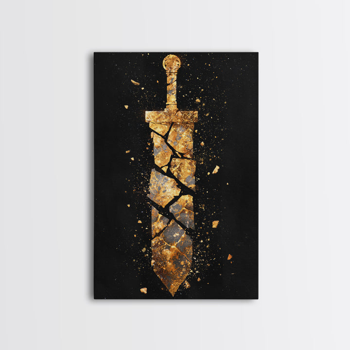 Shattered Sword Artwork, Exploding Blade Symbol Wall Art, Mythical Weapon Design, Ancient Esoteric Decor, Canvas Gold Canvas Print, Real Wood Frame