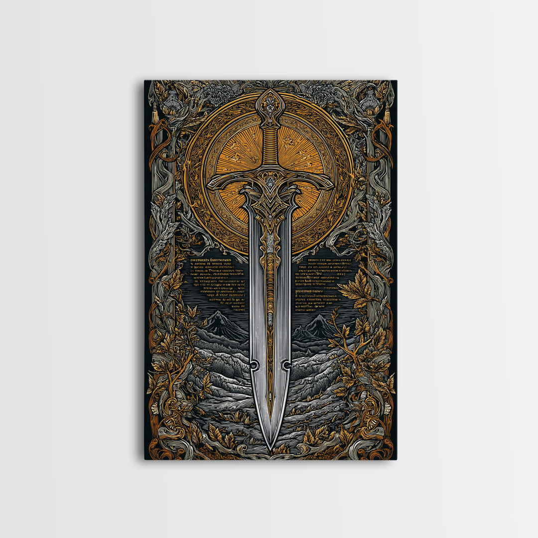 Mythical Sword Artwork, Celestial Blade And Sun Symbol Wall Art, Ornate Weapon Design, Ancient Inspired Decor, Canvas Gold Canvas Print, Real Wood Frame