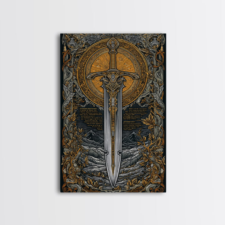 Mythical Sword Artwork, Celestial Blade And Sun Symbol Wall Art, Ornate Weapon Design, Ancient Inspired Decor, Canvas Gold Canvas Print, Real Wood Frame