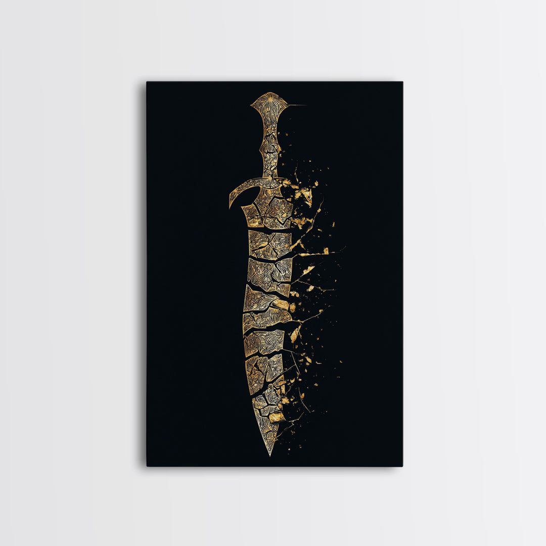 Ancient Broken Sword Artwork, Esoteric Cracked Blade Symbol Wall Art, Mythical Weapon Decor, Canvas Gold Canvas Print, Real Wood Frame