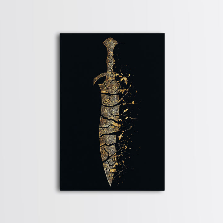 Ancient Broken Sword Artwork, Esoteric Cracked Blade Symbol Wall Art, Mythical Weapon Decor, Canvas Gold Canvas Print, Real Wood Frame