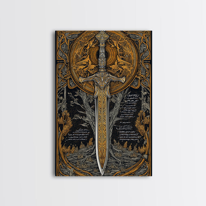 Celestial Sword Artwork, Mythical Blade Surrounded By Ornate Sun Symbol, Ancient Weapon Design, Canvas Gold Canvas Print, Real Wood Frame