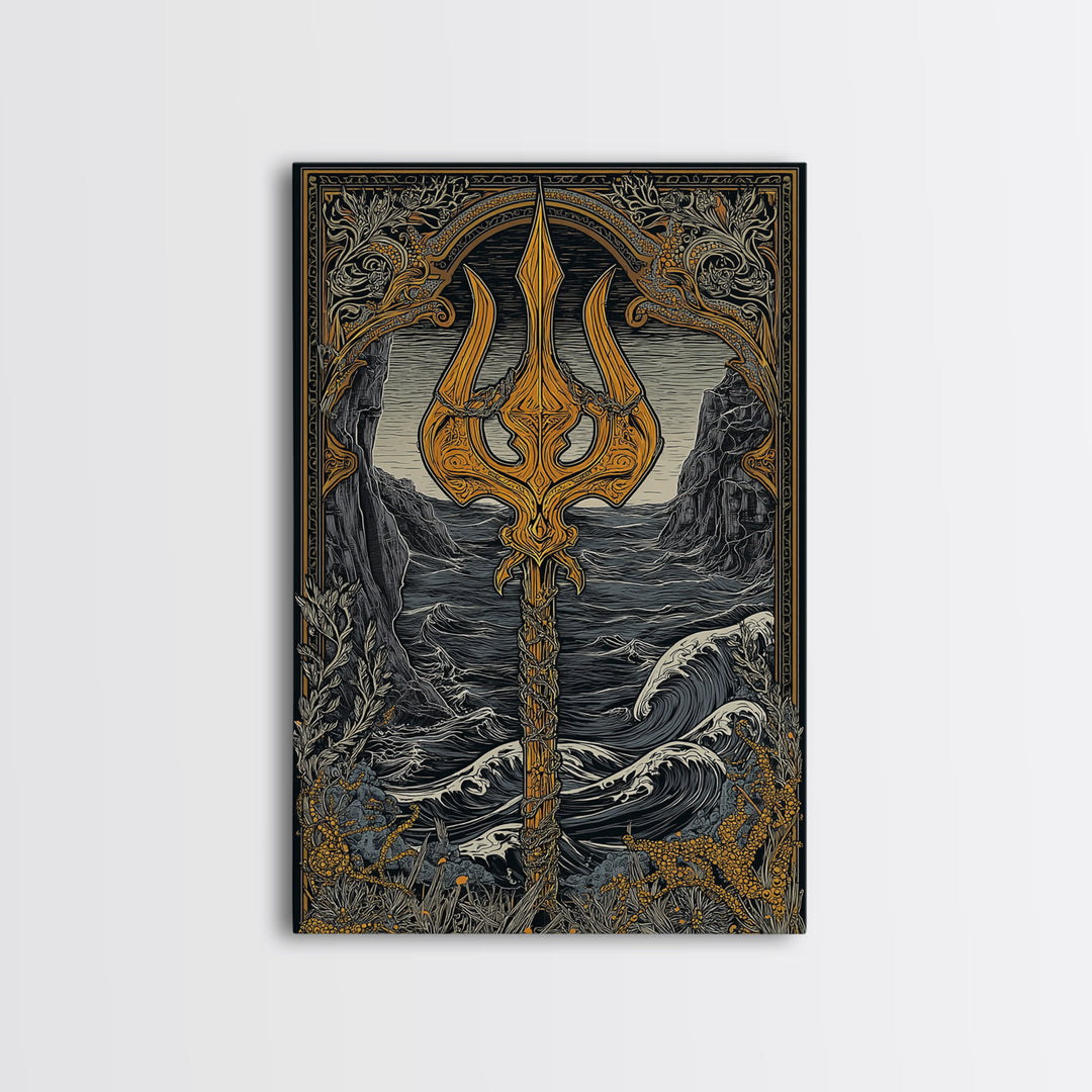 Mythical Trident Artwork, Ocean Waves And Ancient Sea God Symbol Wall Art, Nautical Decor, Canvas Gold Canvas Print, Real Wood Frame