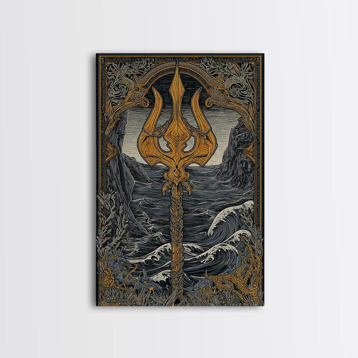 Mythical Trident Artwork, Ocean Waves And Ancient Sea God Symbol Wall Art, Nautical Decor, Canvas Gold Canvas Print, Real Wood Frame