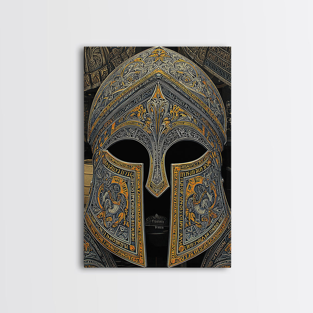 Floral Engraved Ancient Warrior Helmet Design – Canvas Gold Art, Classic Canvas Art in Real Wood Frame, Greek History Wall Decor