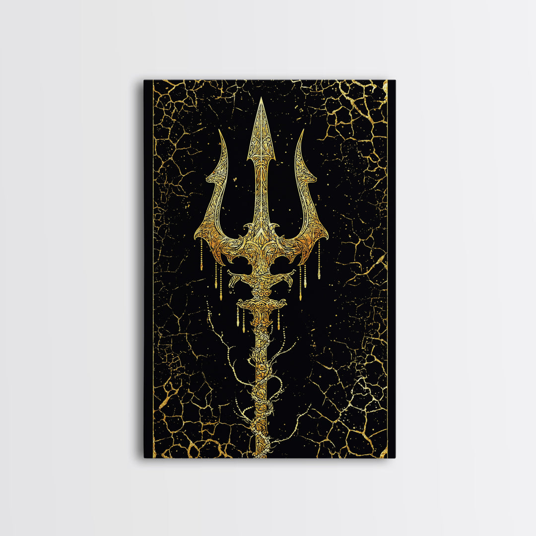 Ornate Trident Artwork, Mystical Sea God Weapon Symbol Wall Art, Ancient Nautical Decor, Mythical Design, Canvas Gold Canvas Print, Real Wood Frame