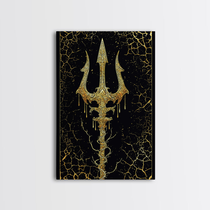 Ornate Trident Artwork, Mystical Sea God Weapon Symbol Wall Art, Ancient Nautical Decor, Mythical Design, Canvas Gold Canvas Print, Real Wood Frame