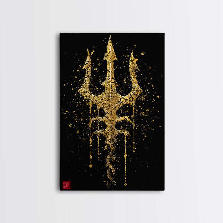 Canvas Gold Canvas Print, Poseidon Trident Wall Art, Mythology Home Decor, Real Wood Frame, Ancient Greek Symbol Artwork