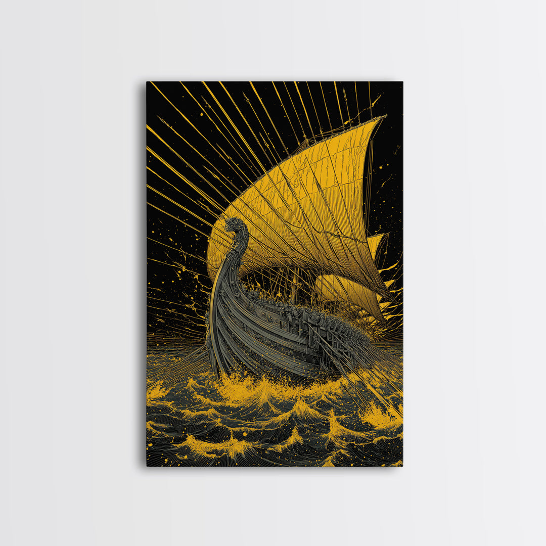 Canvas Gold Canvas Print, Ancient Greek Ship Wall Art, Mythology Ocean Decor, Real Wood Frame, Historic Maritime Artwork