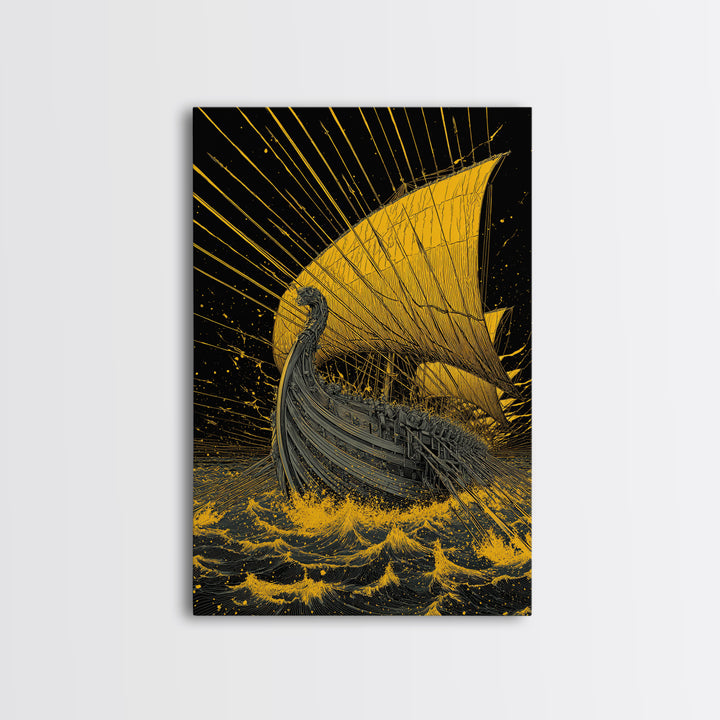 Canvas Gold Canvas Print, Ancient Greek Ship Wall Art, Mythology Ocean Decor, Real Wood Frame, Historic Maritime Artwork