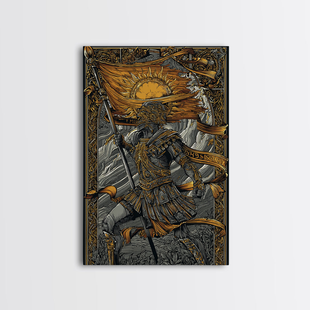 Canvas Gold Art, Greek Warrior Holding Banner, Mythology Wall Decor, Real Wood Frame, Ancient Hero Decorative Artwork