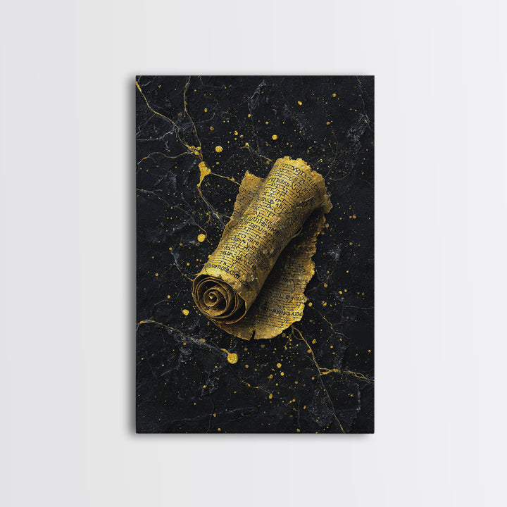 Canvas Gold Canvas Print, Ancient Scroll Wall Art, Mythology Inspired Decor, Real Wood Frame, Historic Manuscript Artwork