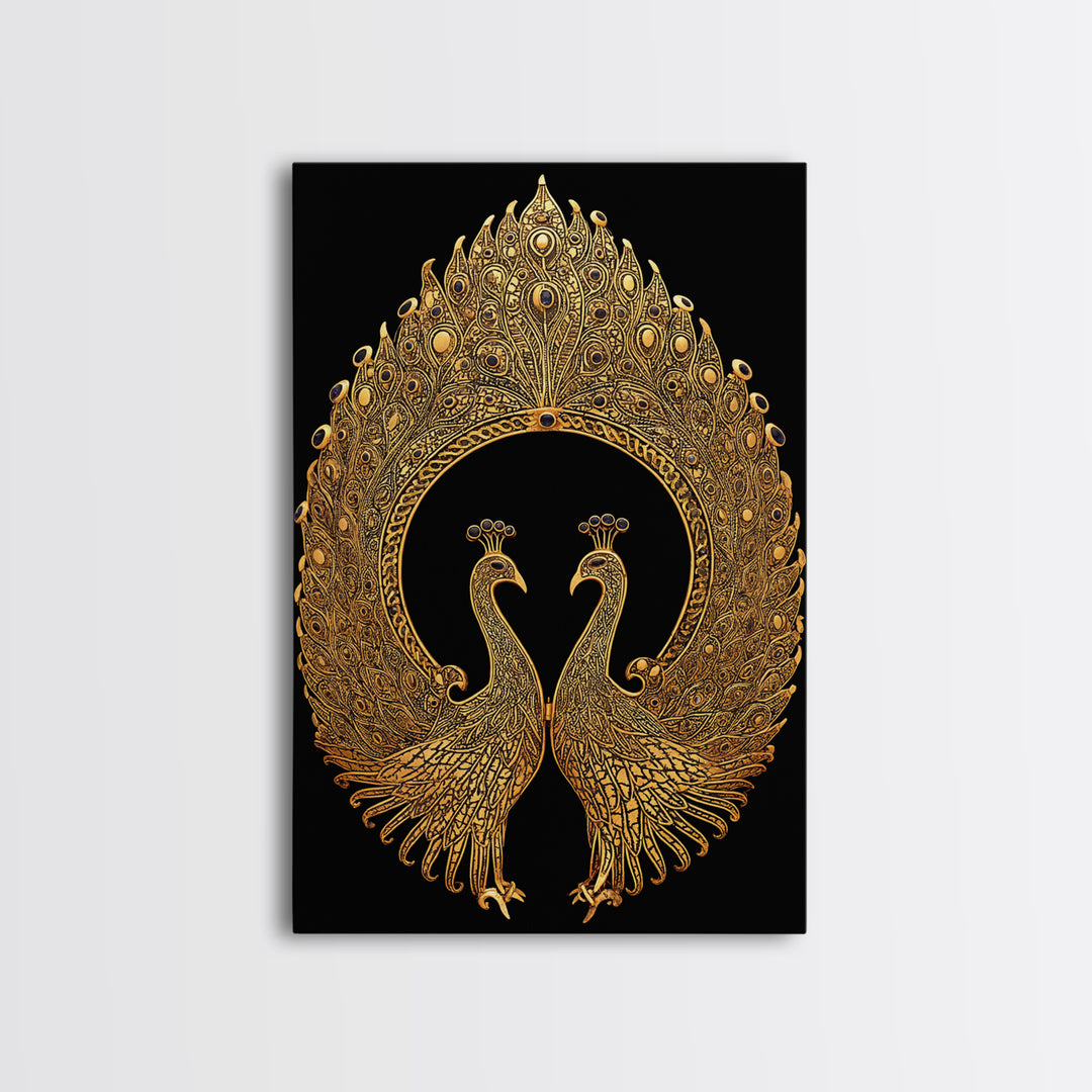Canvas Gold Canvas Print, Ornate Peacock Wall Art, Mythology Inspired Decor, Real Wood Frame, Decorative Royal Artwork