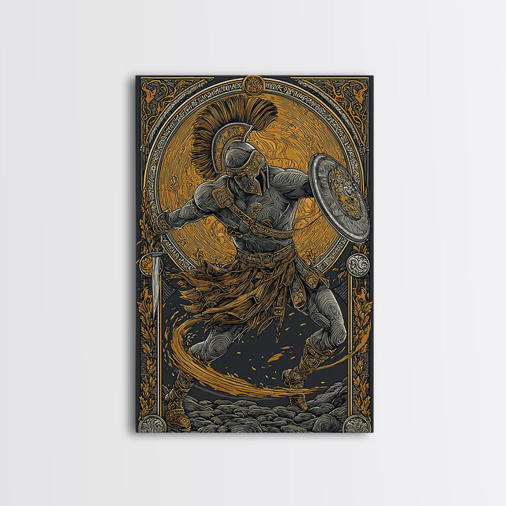 Canvas Gold Art, Spartan Warrior Wall Print, Mythology Inspired Decor, Real Wood Frame, Ancient Greek Hero Artwork