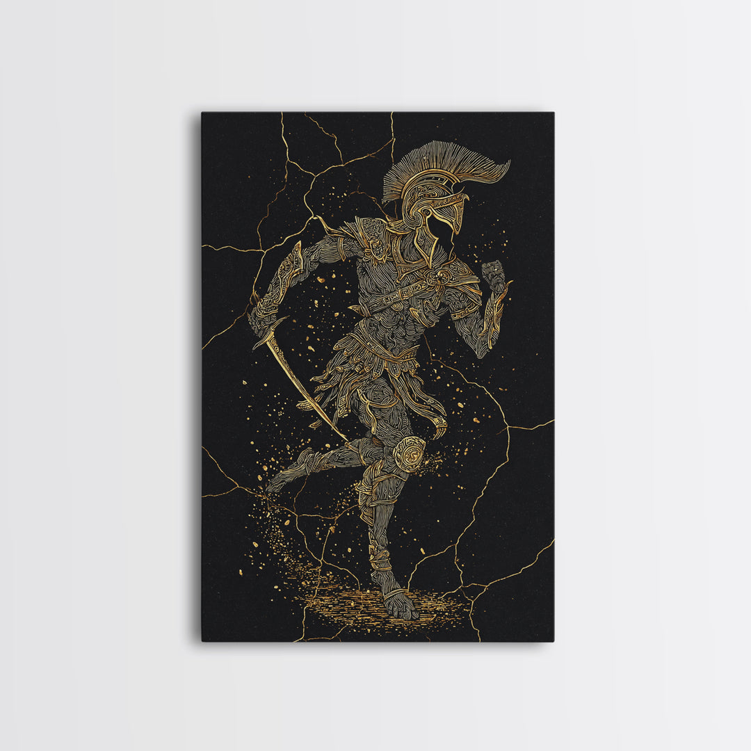 Canvas Gold Canvas Print, Spartan Runner Wall Art, Mythology Warrior Decor, Real Wood Frame, Ancient Greek Hero Artwork