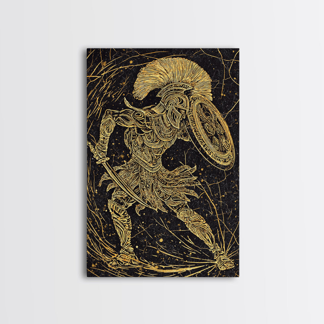 Canvas Gold Art, Ancient Greek Warrior With Shield, Mythology Inspired Wall Decor, Real Wood Frame, Heroic Battle Artwork