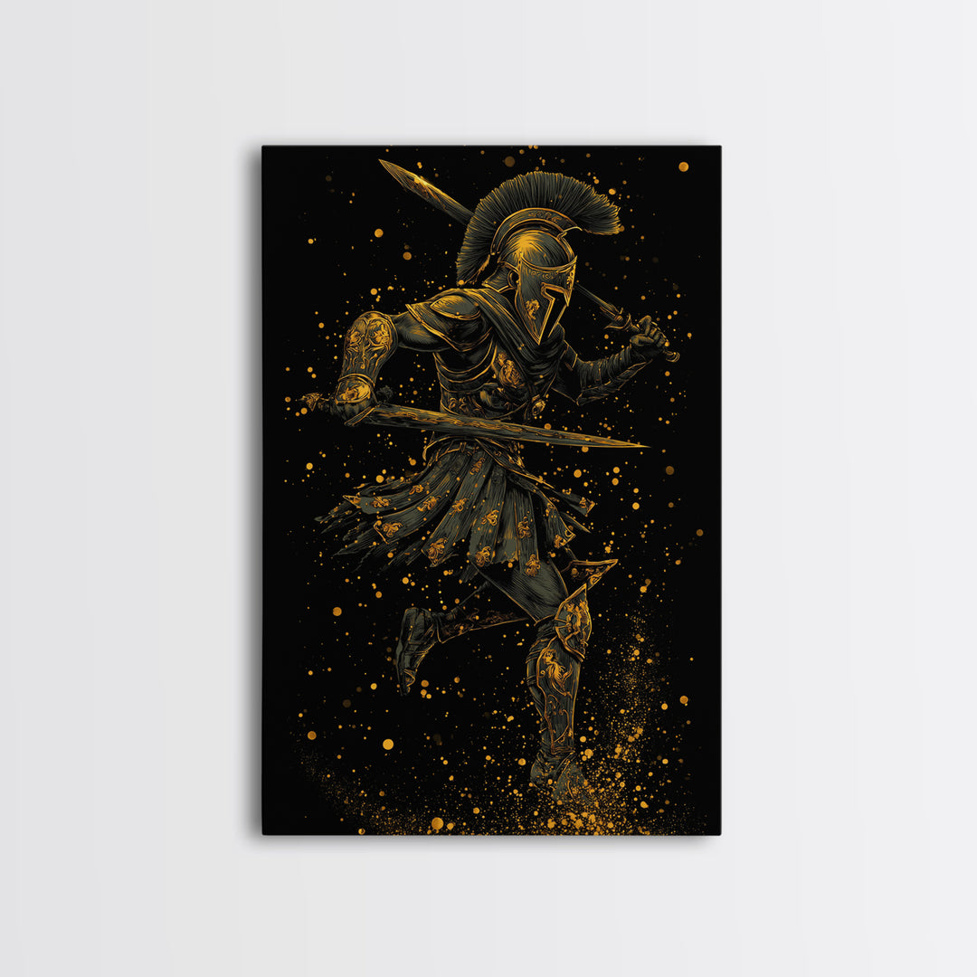 Canvas Gold Canvas Print, Spartan Warrior With Swords, Mythology Hero Decor, Real Wood Frame, Ancient Greek Soldier Artwork