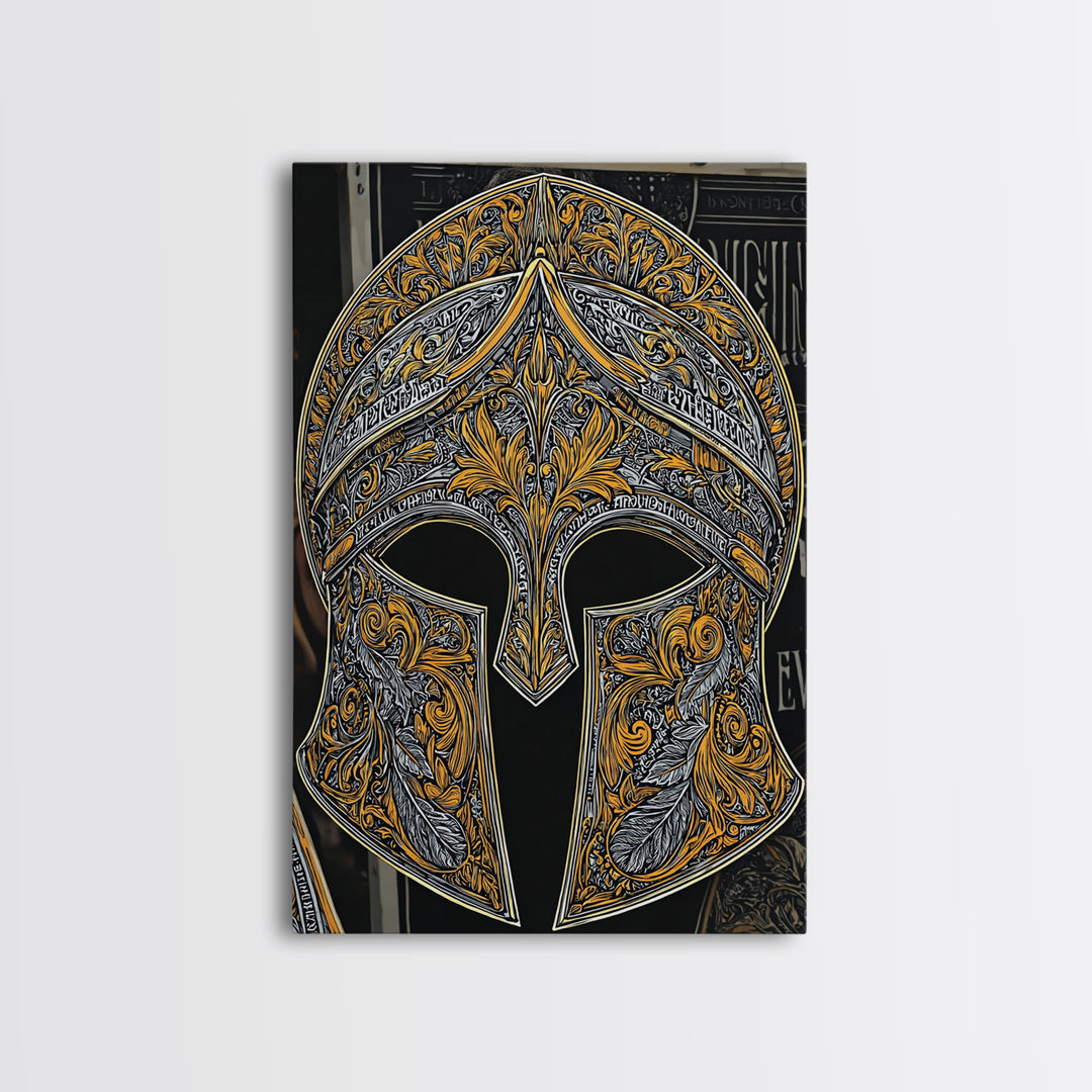 Antique Spartan Helmet with Mythical Inscriptions – Canvas Gold Art, Real Wood Framed Canvas Art, Aged Warrior Helmet Wall Art