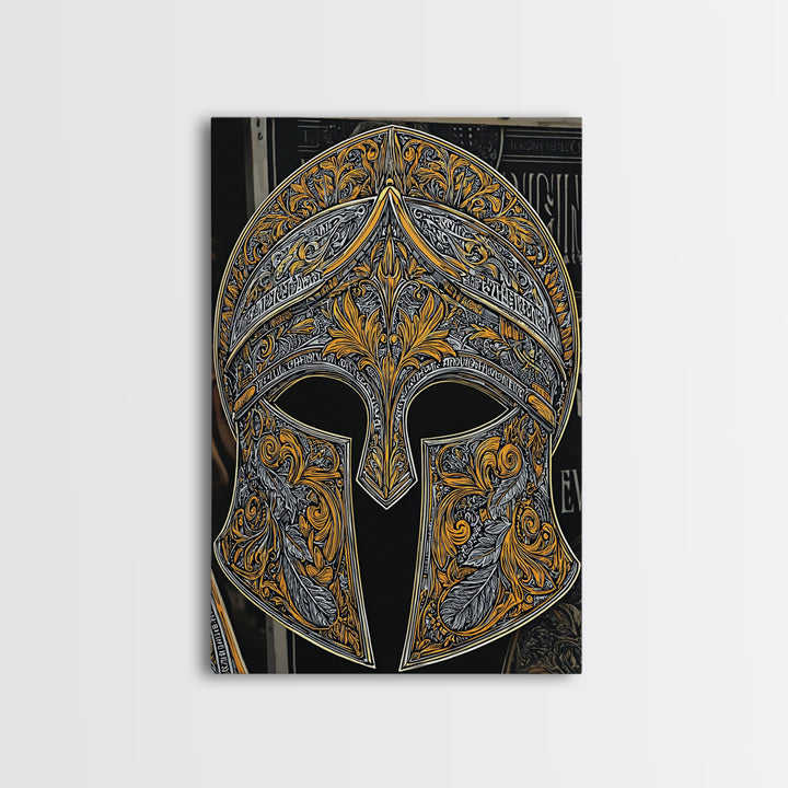 Antique Spartan Helmet with Mythical Inscriptions – Canvas Gold Art, Real Wood Framed Canvas Art, Aged Warrior Helmet Wall Art