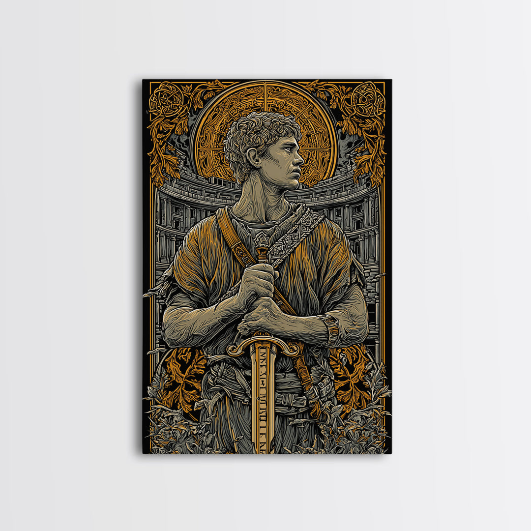 Canvas Gold Art, Roman Warrior Wall Print, Mythology Inspired Decor, Real Wood Frame, Ancient Empire Hero Artwork