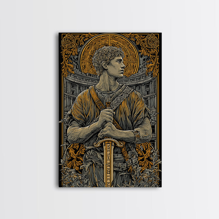Canvas Gold Art, Roman Warrior Wall Print, Mythology Inspired Decor, Real Wood Frame, Ancient Empire Hero Artwork