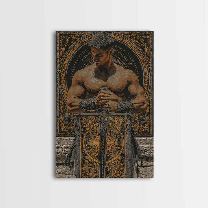 Roman Warrior With Ornate Shield, Canvas Gold Canvas Print, Mythology Wall Art, Gladiator Decor, Real Wood Framed Artwork
