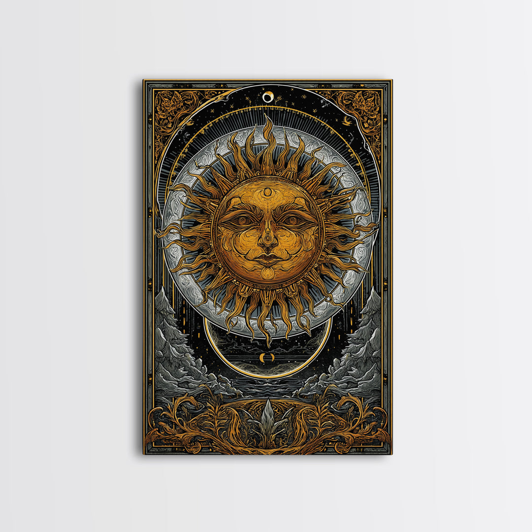 Celestial Sun And Moon Design, Canvas Gold Art, Astrology Wall Print, Mystical Home Decor, Real Wood Frame Mythic Artwork