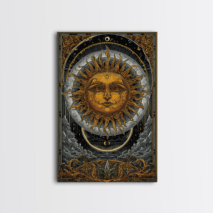 Celestial Sun And Moon Design, Canvas Gold Art, Astrology Wall Print, Mystical Home Decor, Real Wood Frame Mythic Artwork