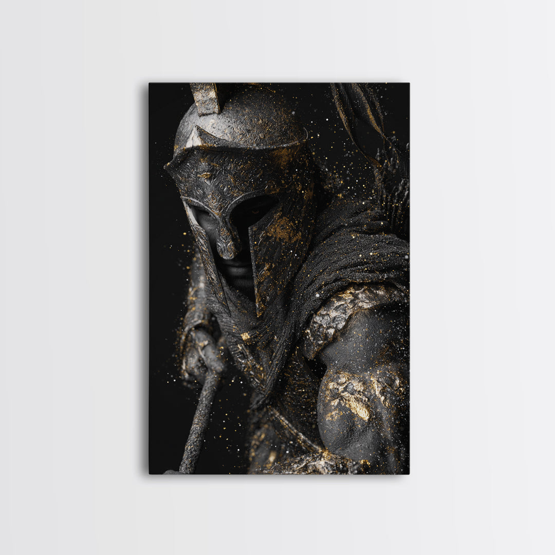 Spartan Warrior Helmet Portrait, Canvas Gold Canvas Print, Greek Soldier Wall Art, Heroic Decor, Real Wood Frame Artwork
