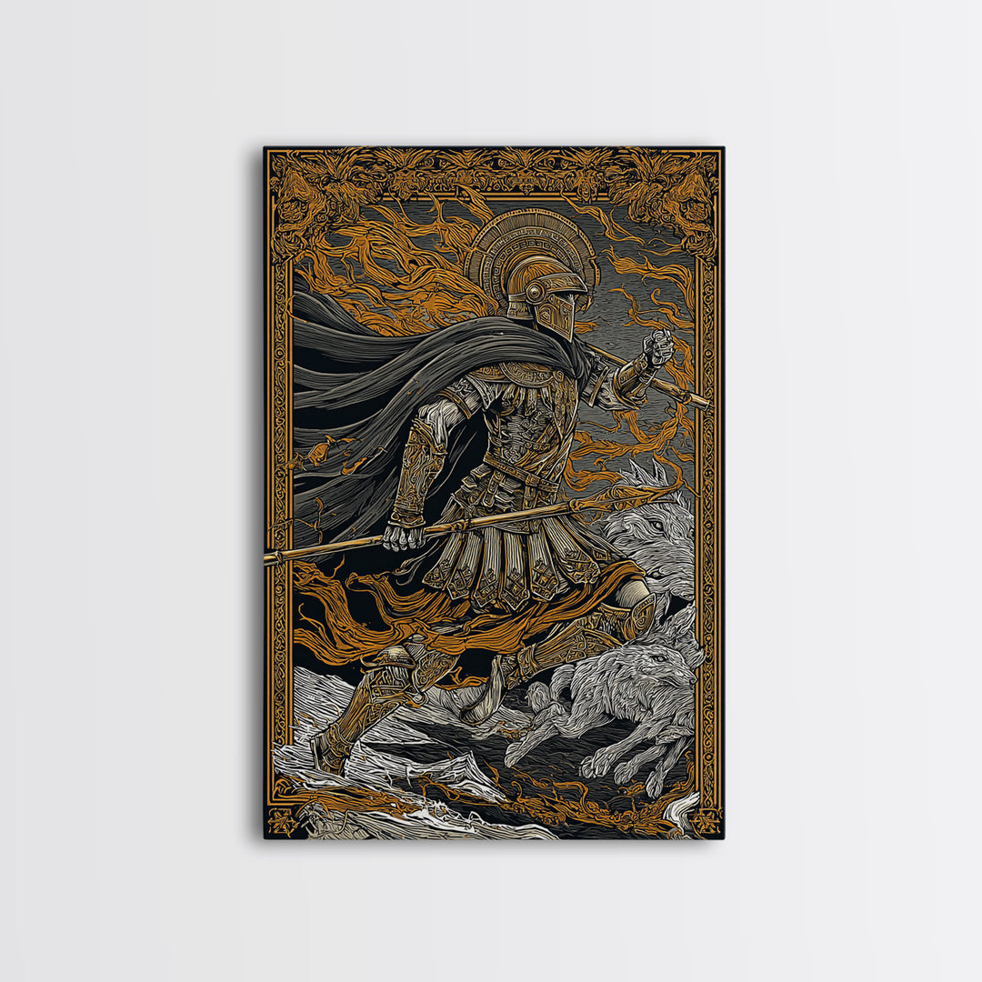Ancient Warrior With Spear, Canvas Gold Canvas Print, Mythology Wall Art, Battle Scene Decor, Real Wood Frame Epic Artwork