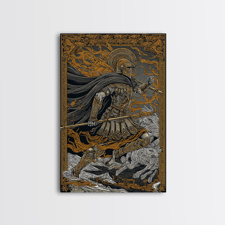 Ancient Warrior With Spear, Canvas Gold Canvas Print, Mythology Wall Art, Battle Scene Decor, Real Wood Frame Epic Artwork