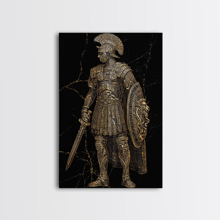 Roman Soldier With Lion Shield, Canvas Gold Canvas Print, Gladiator Wall Art, Mythology Decor, Real Wood Frame Artwork