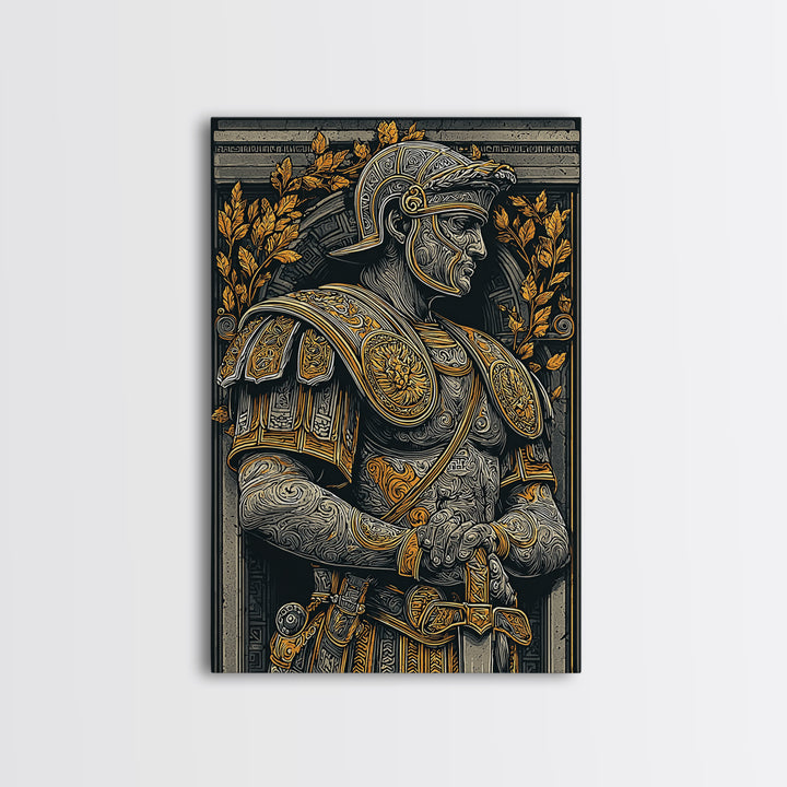 Classic Roman Bust In Armor, Canvas Gold Art, Ancient Warrior Wall Print, Mythology Home Decor, Real Wood Frame Artwork