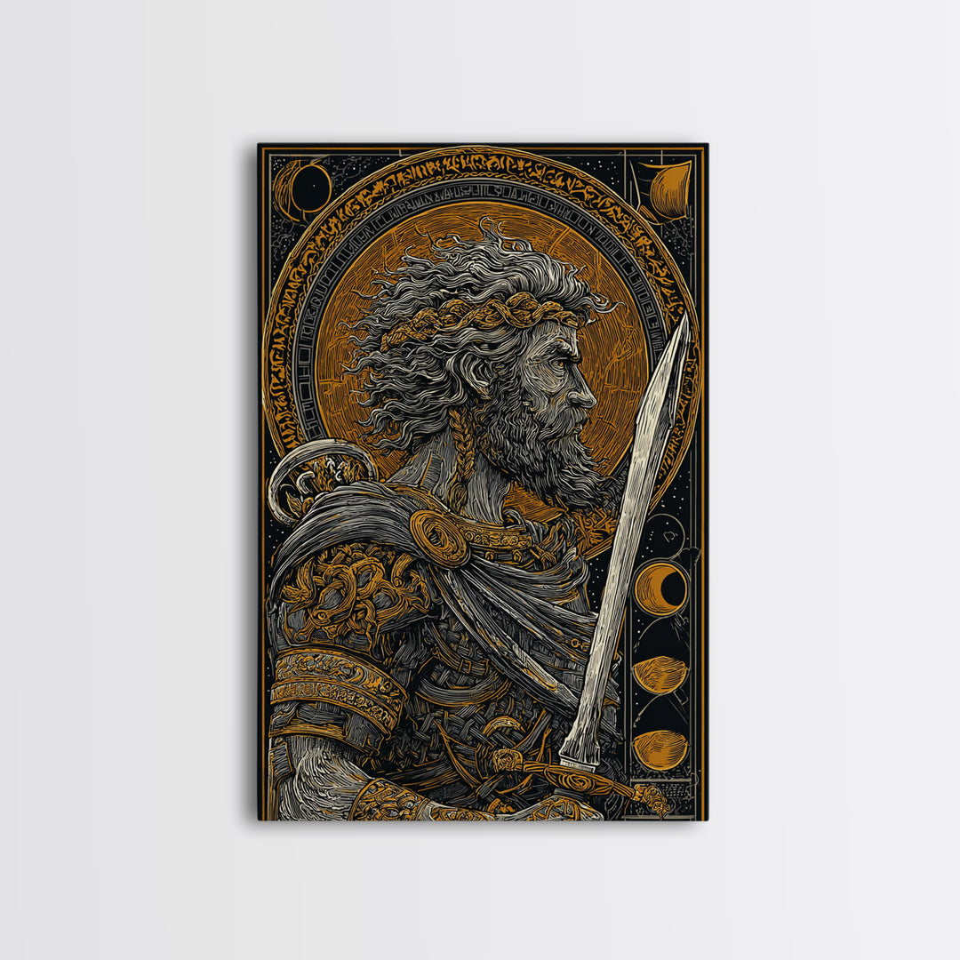 Warrior With Sword And Laurel, Canvas Gold Canvas Print, Greek Myth Wall Art, Heroic Decor, Real Wood Frame Epic Artwork