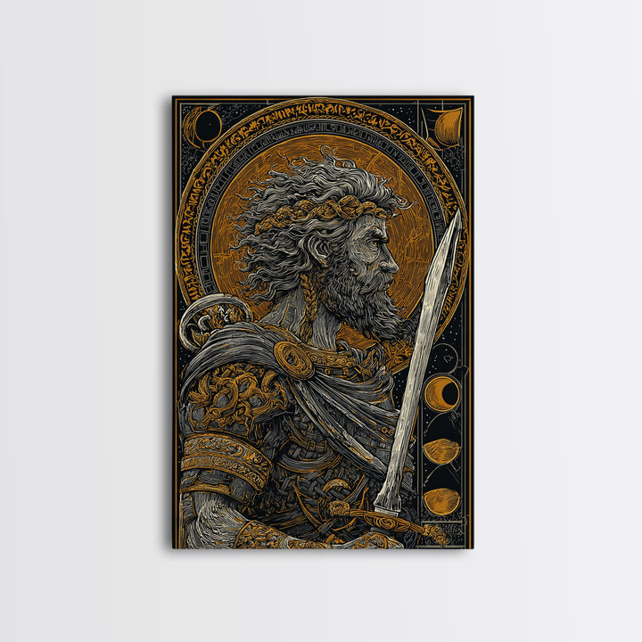 Warrior With Sword And Laurel, Canvas Gold Canvas Print, Greek Myth Wall Art, Heroic Decor, Real Wood Frame Epic Artwork