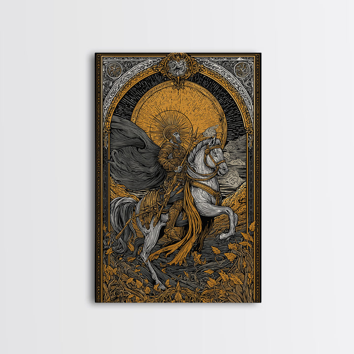 Knight On Horseback With Sun, Canvas Gold Canvas Print, Mythology Wall Art, Ancient Decor, Real Wood Frame Battle Artwork