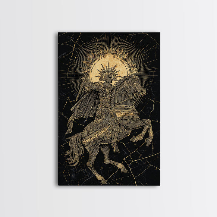 Heroic Warrior On Horseback, Canvas Gold Art, Ancient Soldier Wall Print, Mythology Decor, Real Wood Frame Epic Artwork