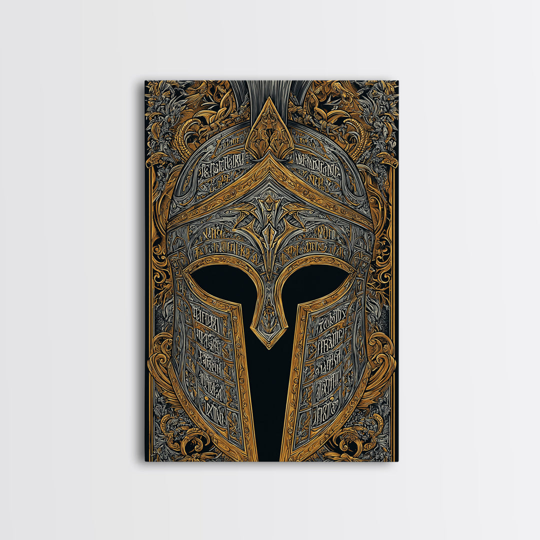 Engraved Bronze Helmet with Greek Script – Canvas Gold Art, Rustic Framed Canvas Art, Mythology-Inspired Warrior Wall Accent